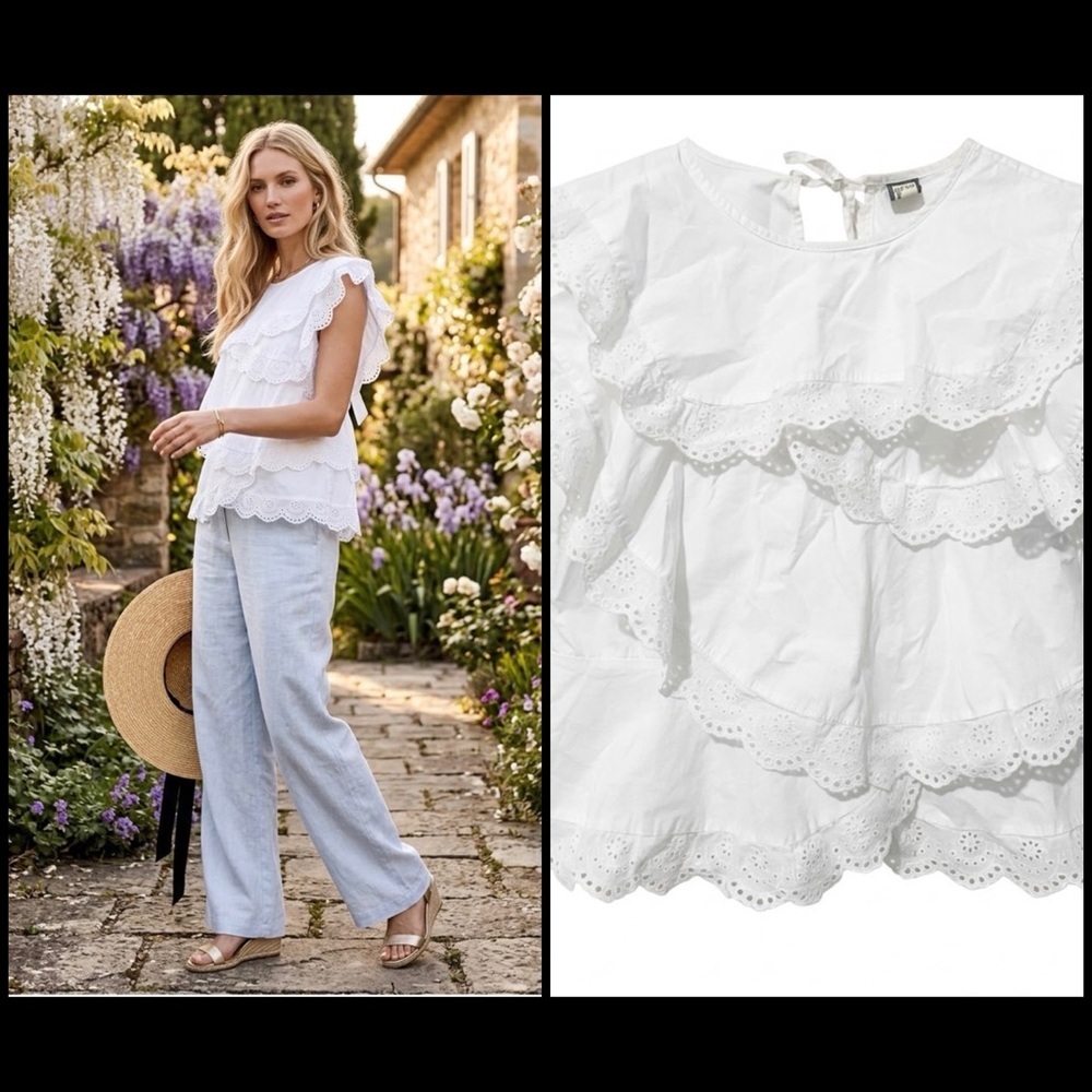 White Boho Eyelet Ruffle Tiered Keyhole Open Back Boxy Cottagecore CoquetteTop M